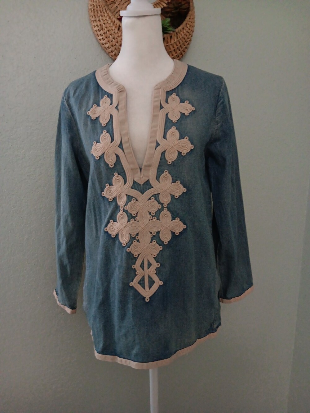 J. Crew Blue Chambray Tunic with Embroidered Cream Trim